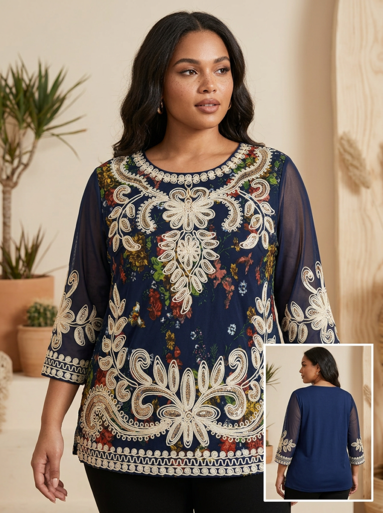 Blusa Floral Bordada Con Manga Transparente