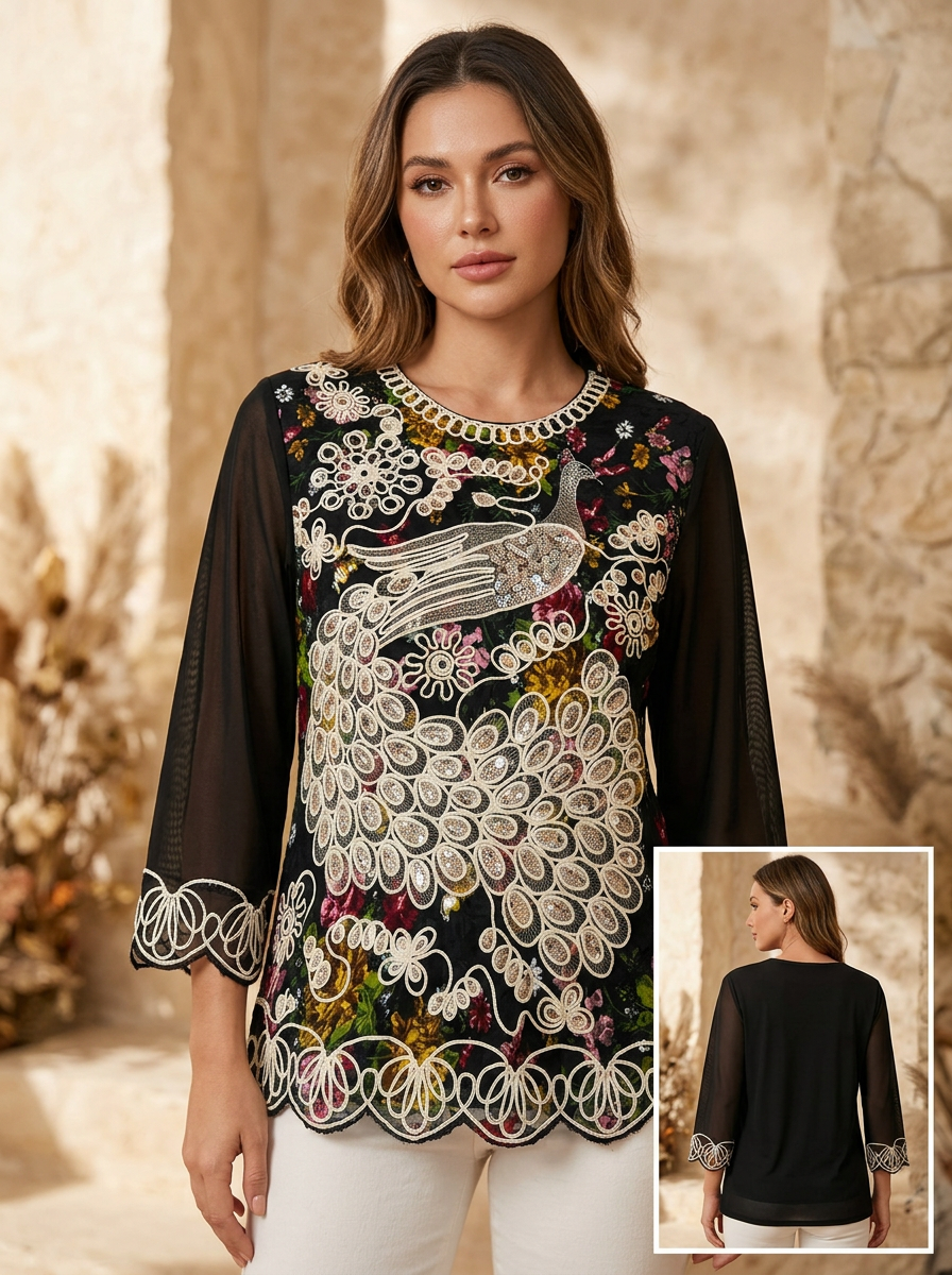 Blusa Elegante con Bordado de Pavo Real y Manga 3/4
