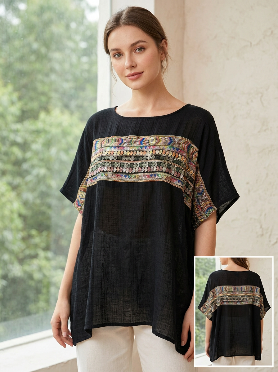 Blusa Holgada con Detalle Artesanal y Manga Integrada