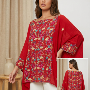 Blusa Tipo Caftán Bordada con Estampado Floral y Manga Amplia