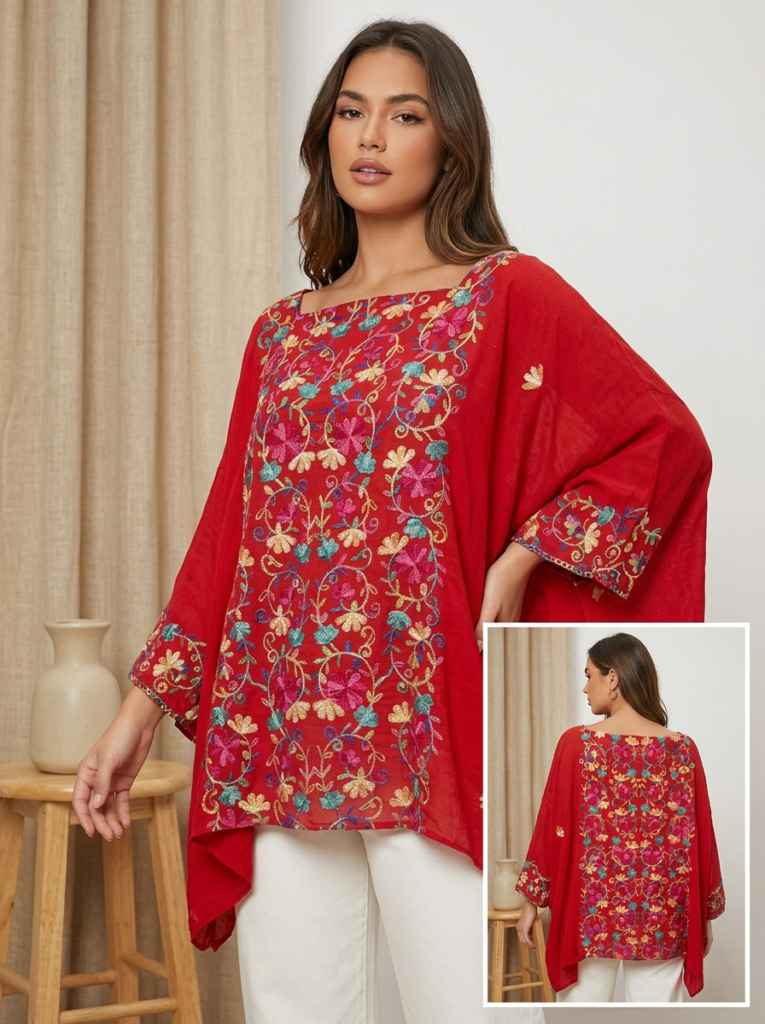 Blusa Tipo Caftán Bordada con Estampado Floral y Manga Amplia