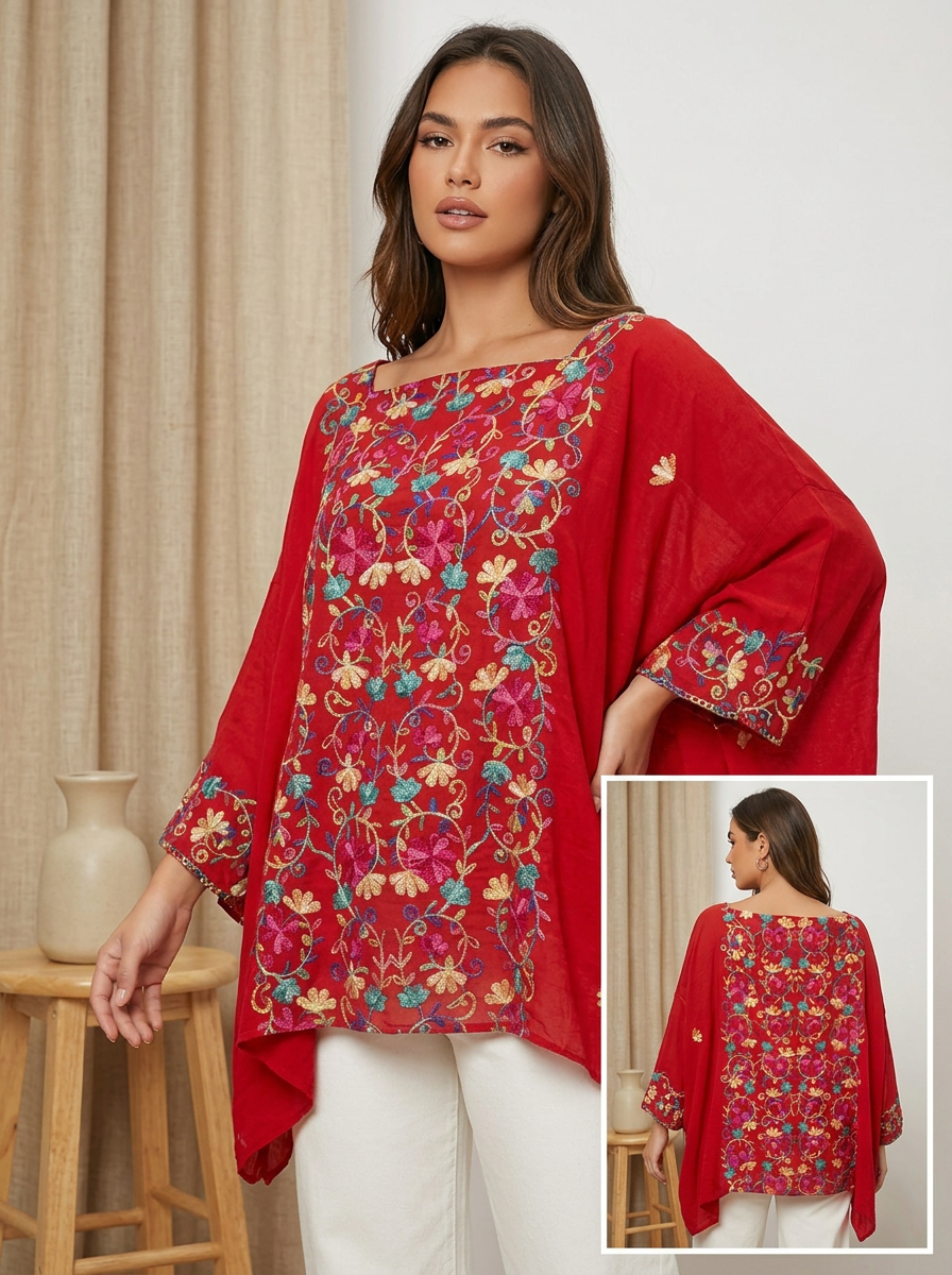 Blusa Tipo Caftán Bordada con Estampado Floral y Manga Amplia
