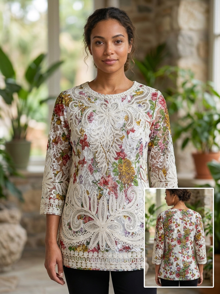 Blusa Floral Elegante con Bordado en Contraste y Manga 3/4