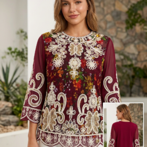 Blusa Floral Bordada con Encaje y Manga 3/4 Transparente
