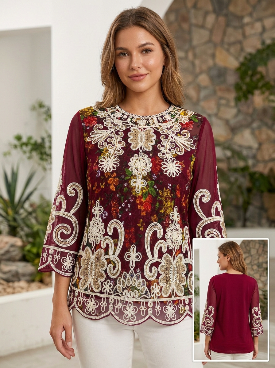 Blusa Floral Bordada con Encaje y Manga 3/4 Transparente