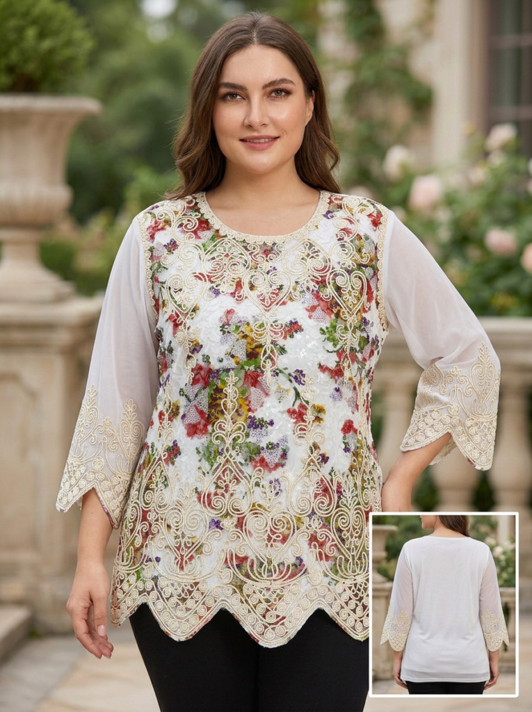 Blusa elegante con bordado de encaje floral