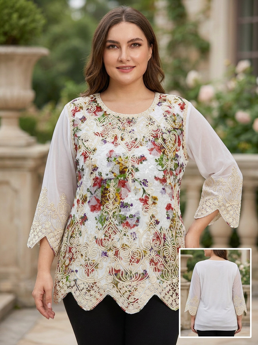 Blusa elegante con bordado de encaje floral