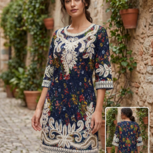 Vestido Floral con Bordado Decorativo y Manga 3/4