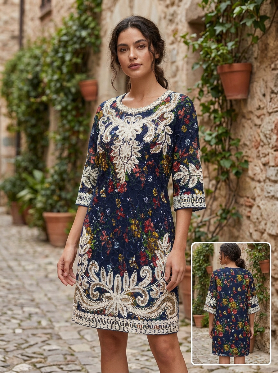 Vestido Floral con Bordado Decorativo y Manga 3/4