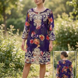 Vestido Floral Elegante con Bordado Decorativo y Manga 3/4