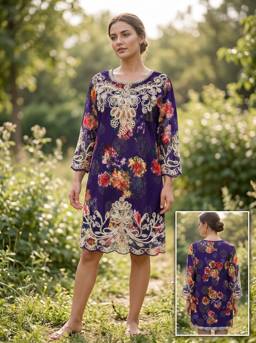 Vestido Floral Elegante con Bordado Decorativo y Manga 3/4