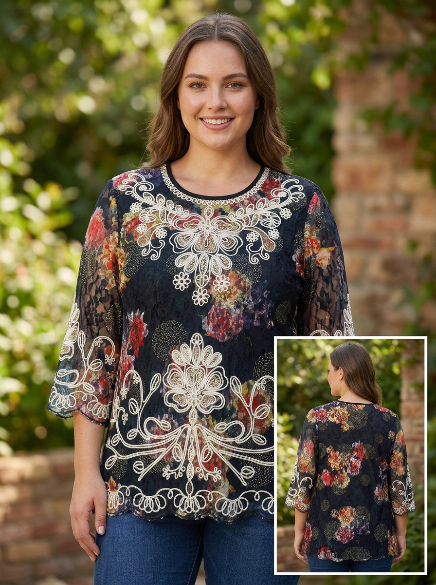 Blusa Floral Elegante con Bordado Decorativo y Manga 3/4