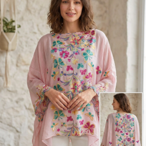 Blusa Tipo Caftán Bordada con Estampado de Mariposa y Manga Amplia