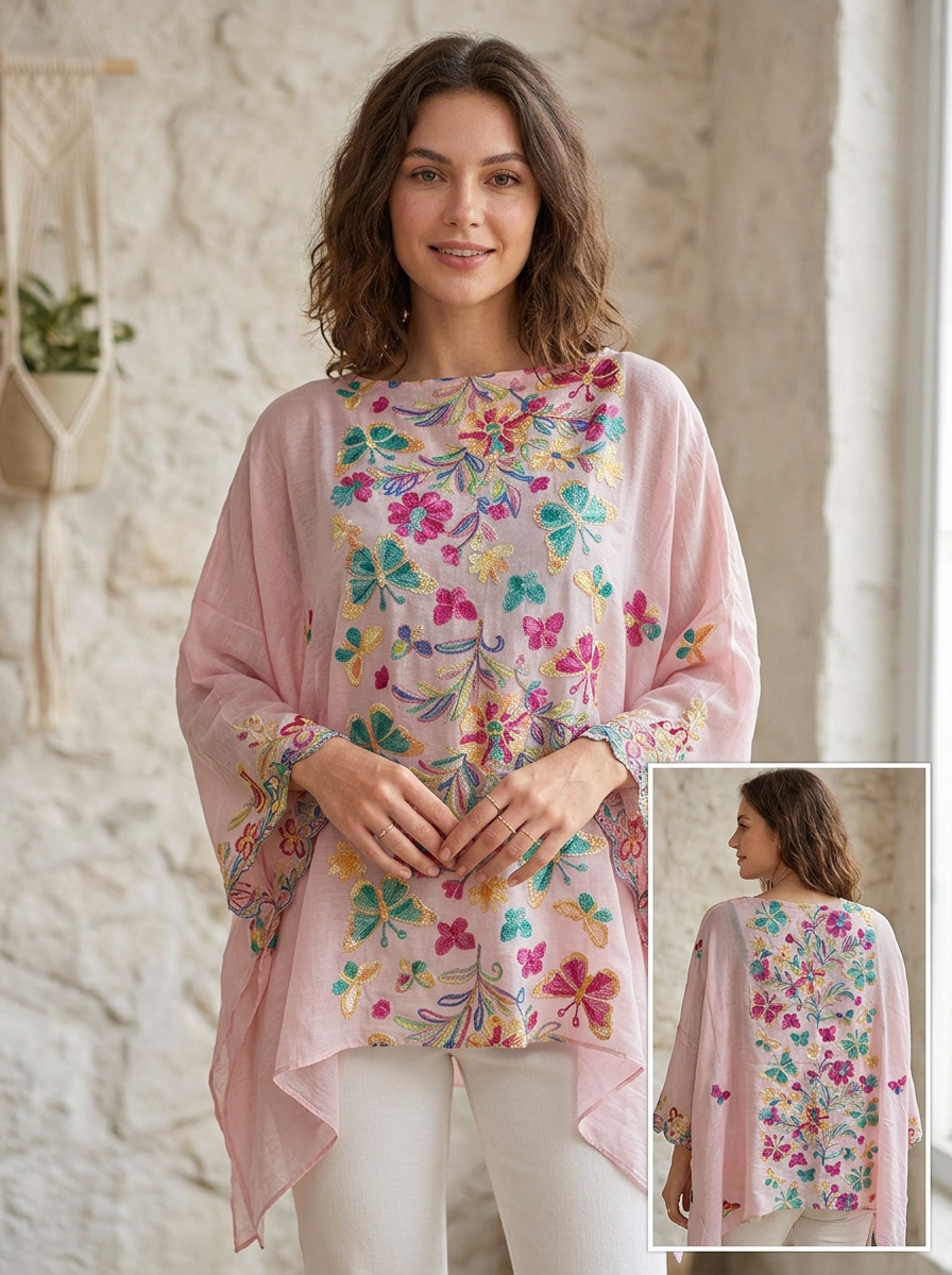 Blusa Tipo Caftán Bordada con Estampado de Mariposa y Manga Amplia