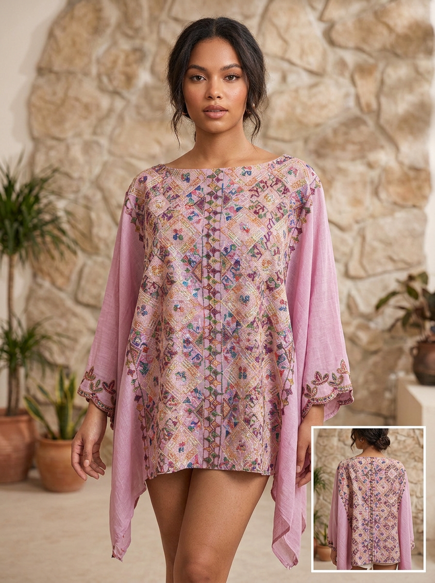 Blusa Tipo Caftán con Estampado Artesanal y Manga Amplia