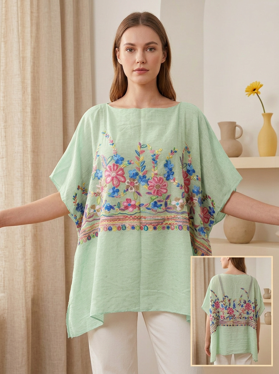 Blusa Holgada con Bordado Floral Multicolor y Manga Integrada