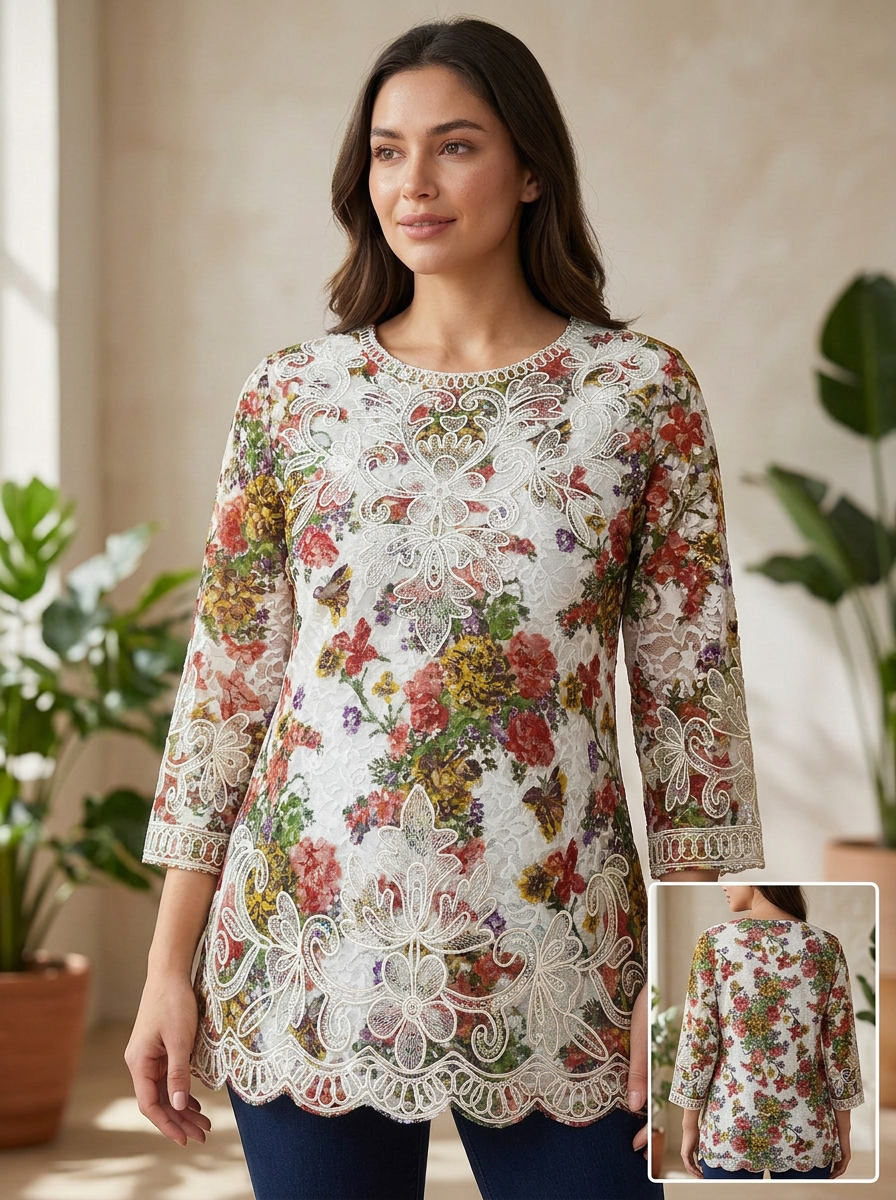 Blusa Floral Elegante con Bordado Decorativo Tematico
