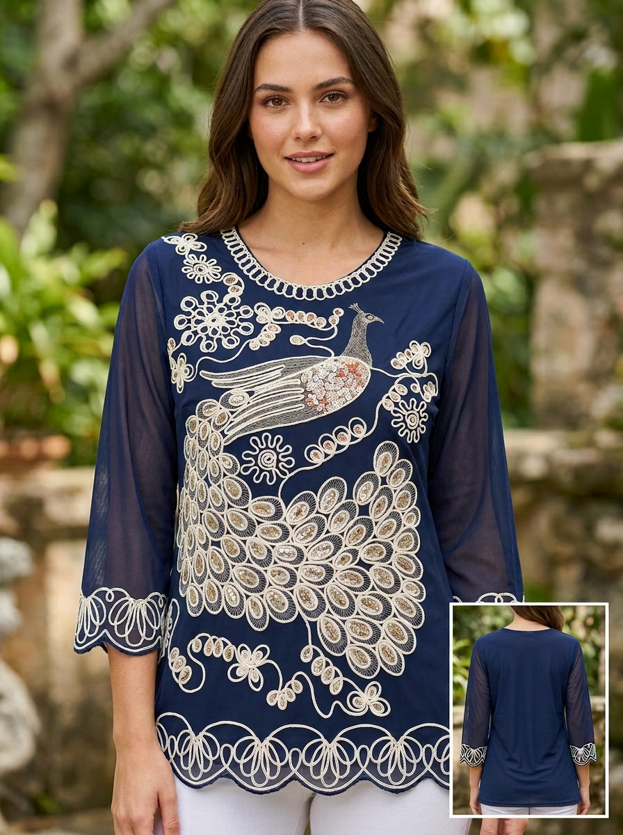 Blusa con Bordado de Pavo Real