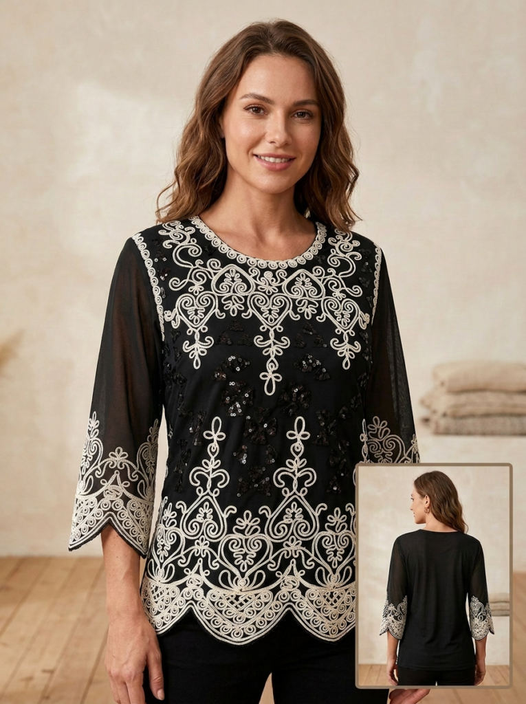 Blusa Elegante de Encaje Bordado con Lentejuelas
