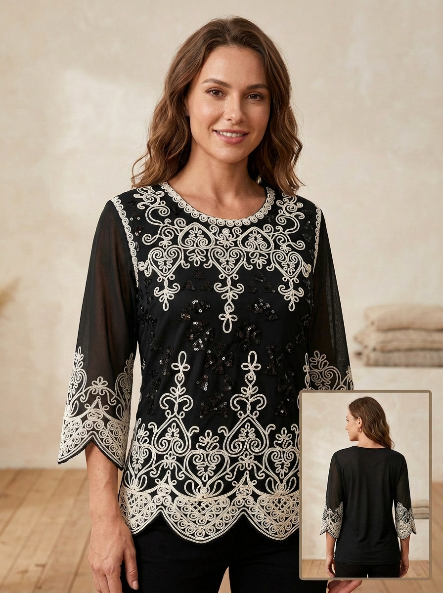 Blusa Elegante de Encaje Bordado con Lentejuelas