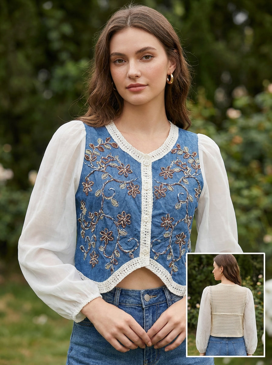 Blusa Denim Bordada con Mangas de Gasa y Detalle Crochet