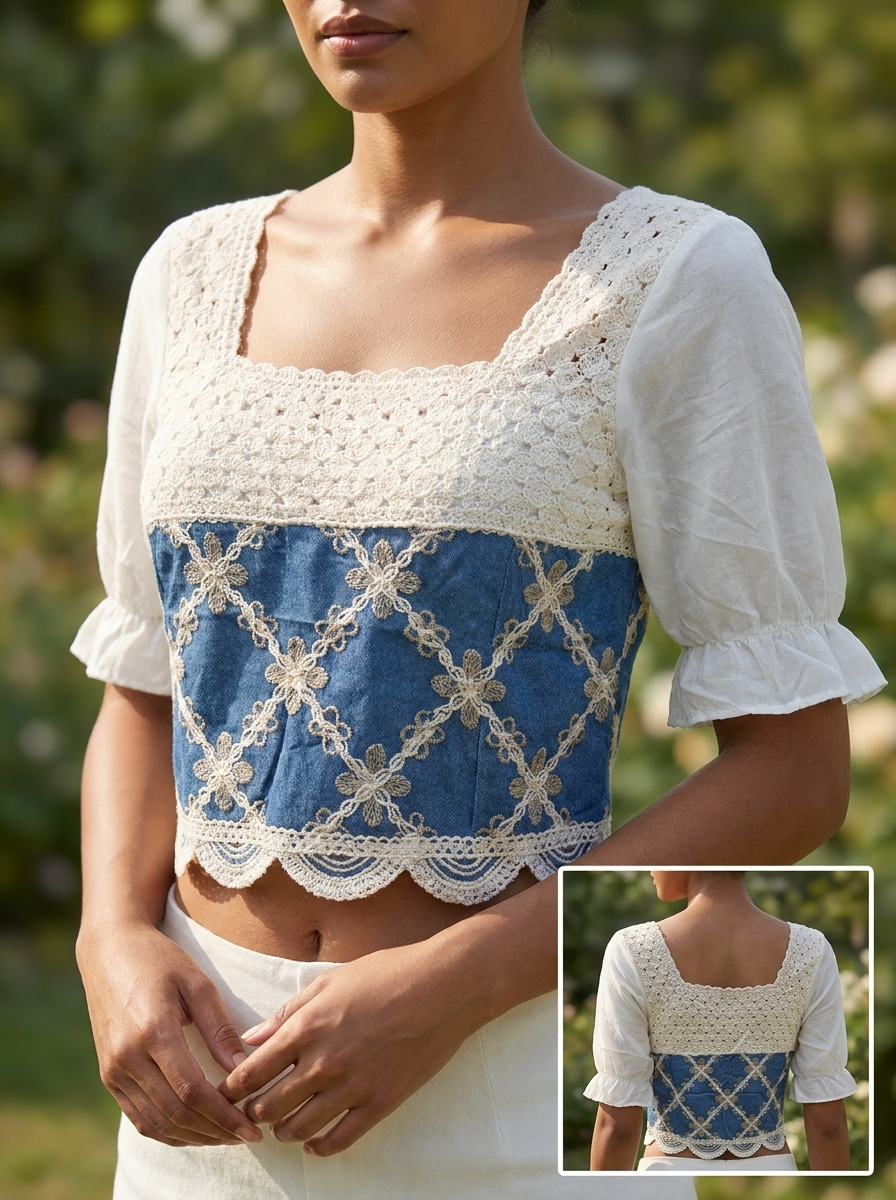 Blusa Crop de Encaje y Denim Azul 🤍💙