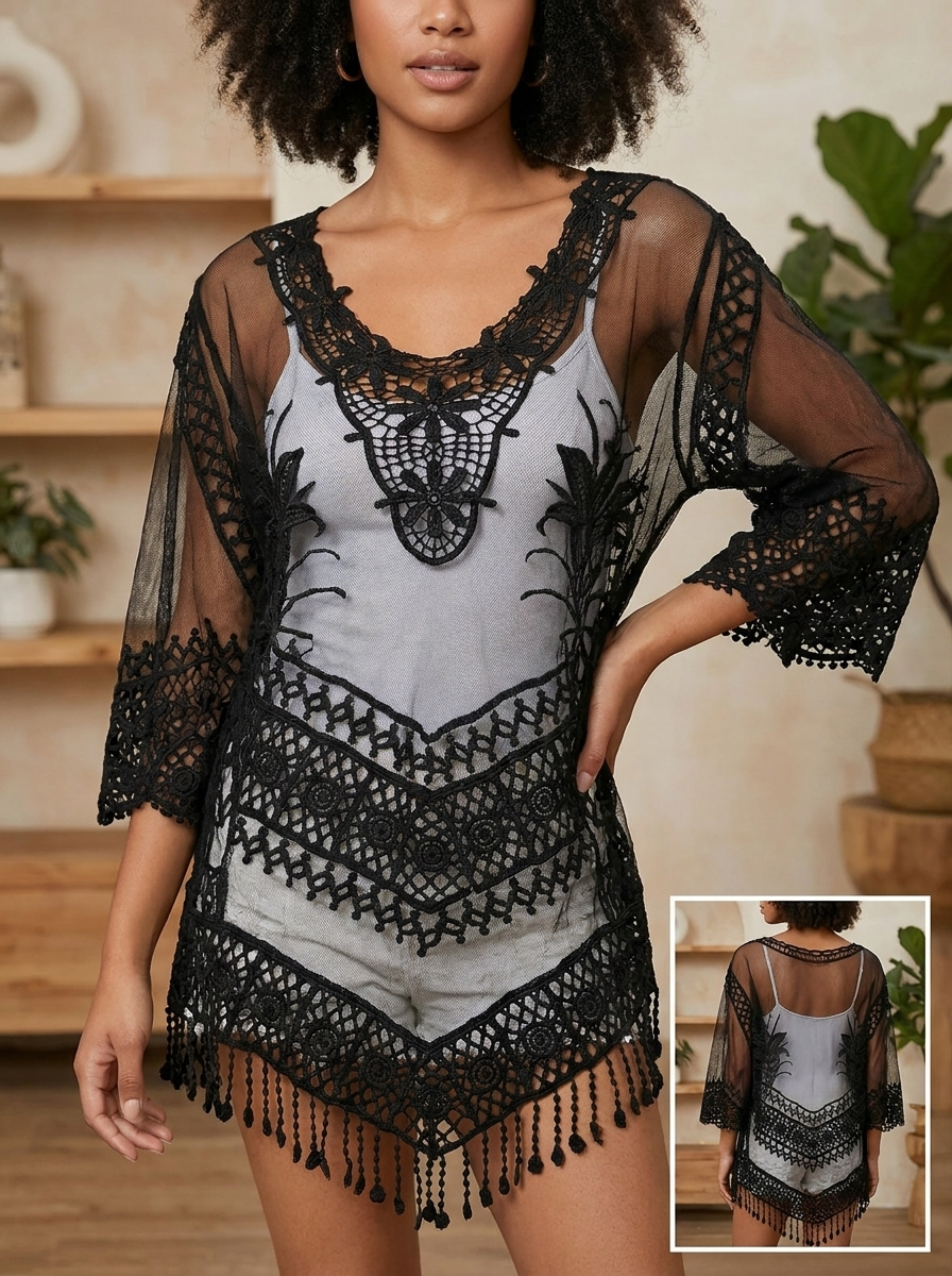 Blusa Túnica de Encaje con Flecos
