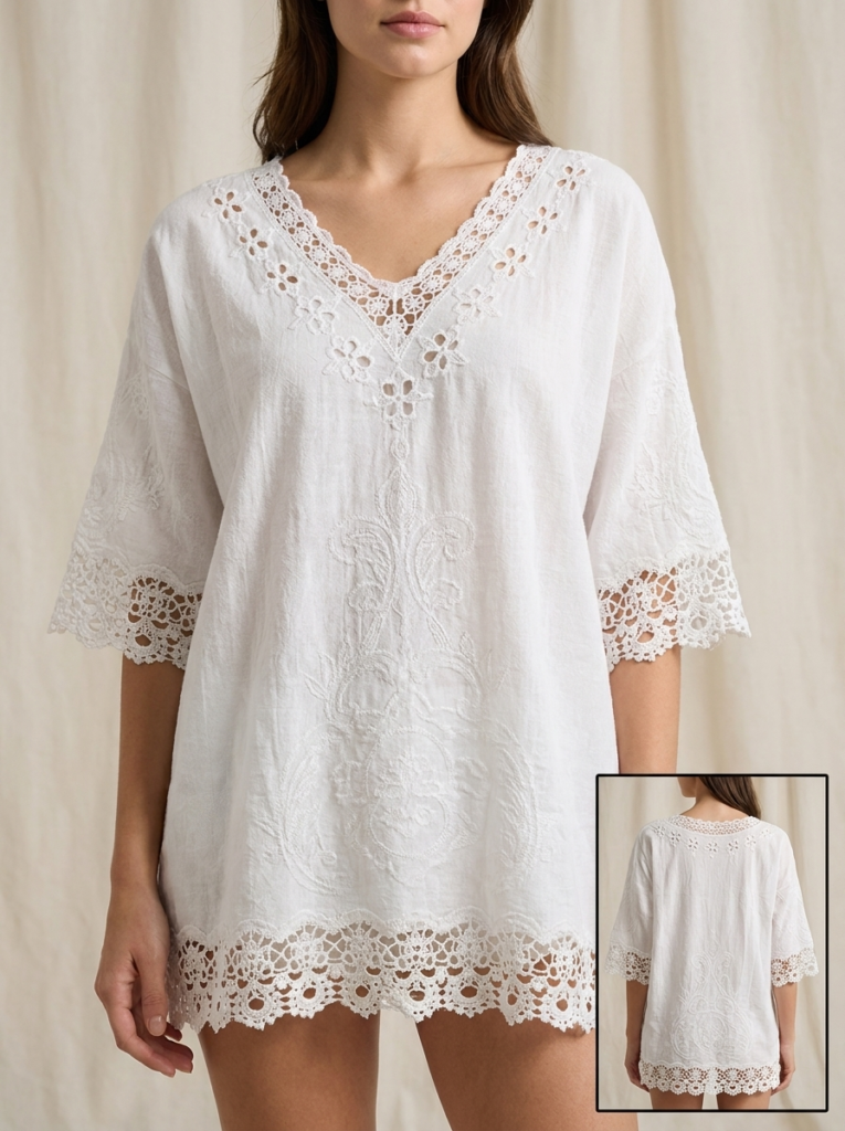Blusa Amplia con Bordado Floral y Encaje