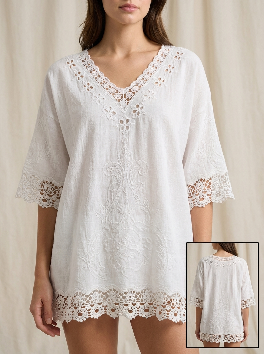 Blusa Amplia con Bordado Floral y Encaje