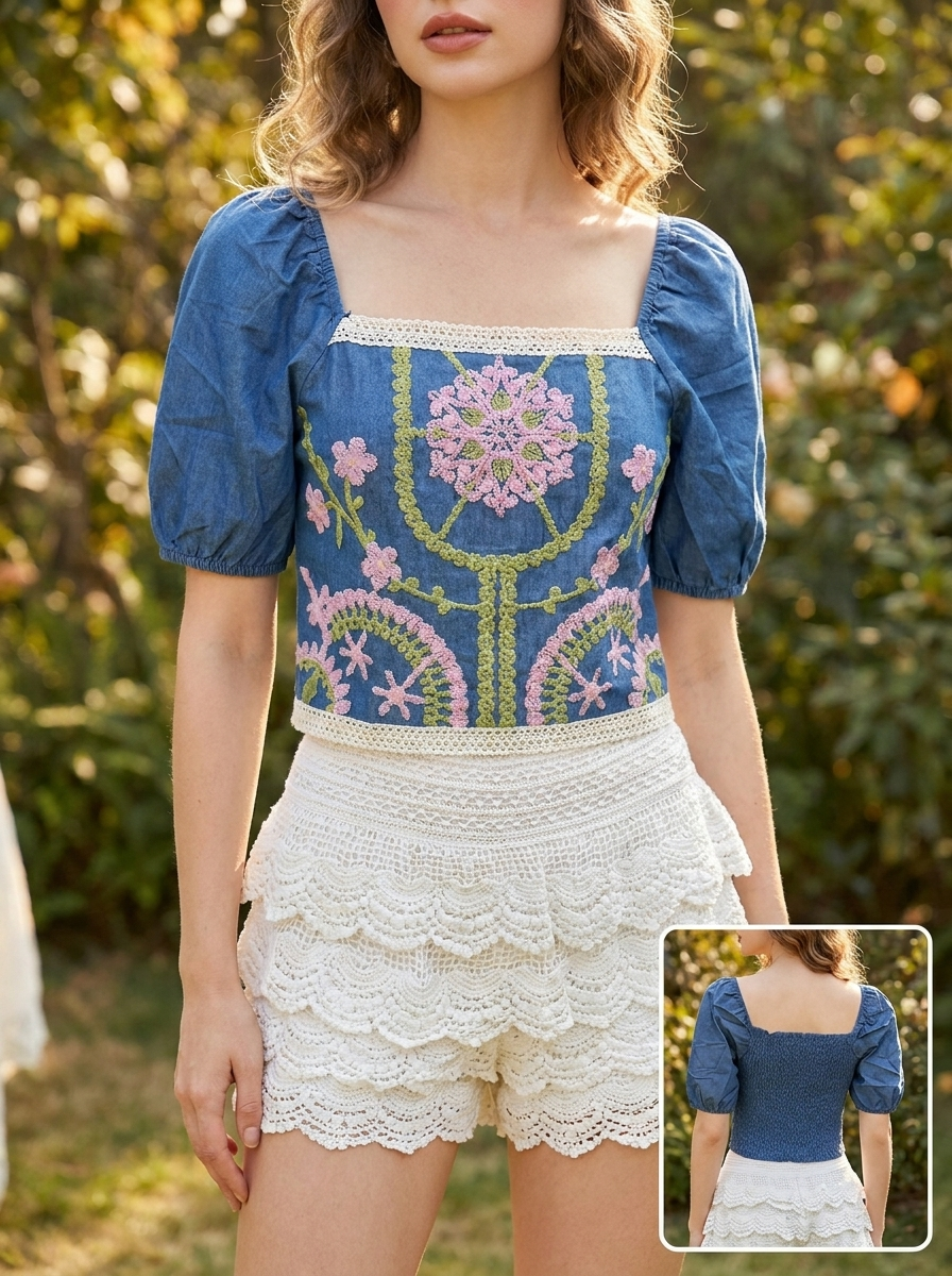 Blusa Denim Bordada con Manga Abullonada 💙🌸