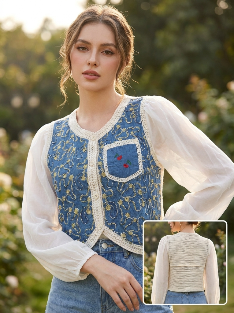 Blusa Azul con Detalles Bordados y Mangas de Gasa
