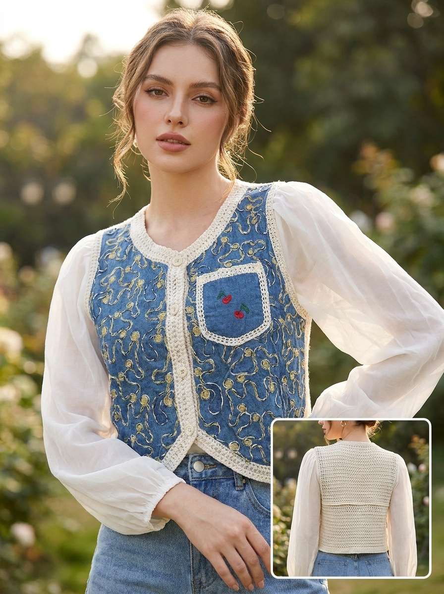Blusa Azul con Detalles Bordados y Mangas de Gasa