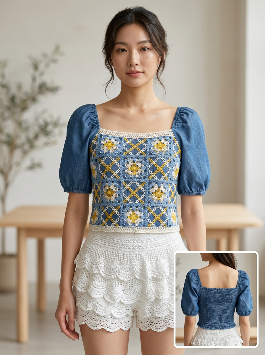 Blusa Boho con Estampado Geométrico y Manga Abullonada