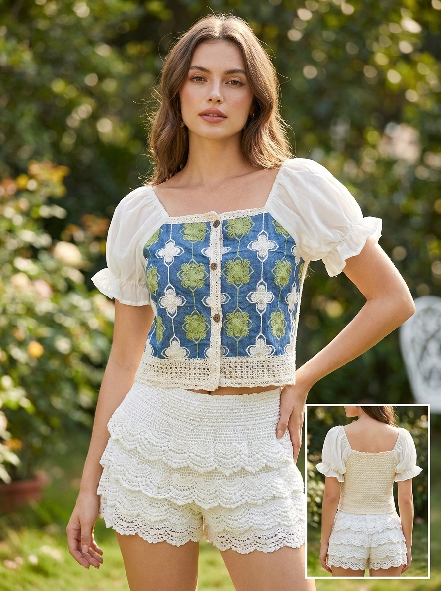 Blusa Crop de Denim Bordado con Mangas Puff 💙🌿