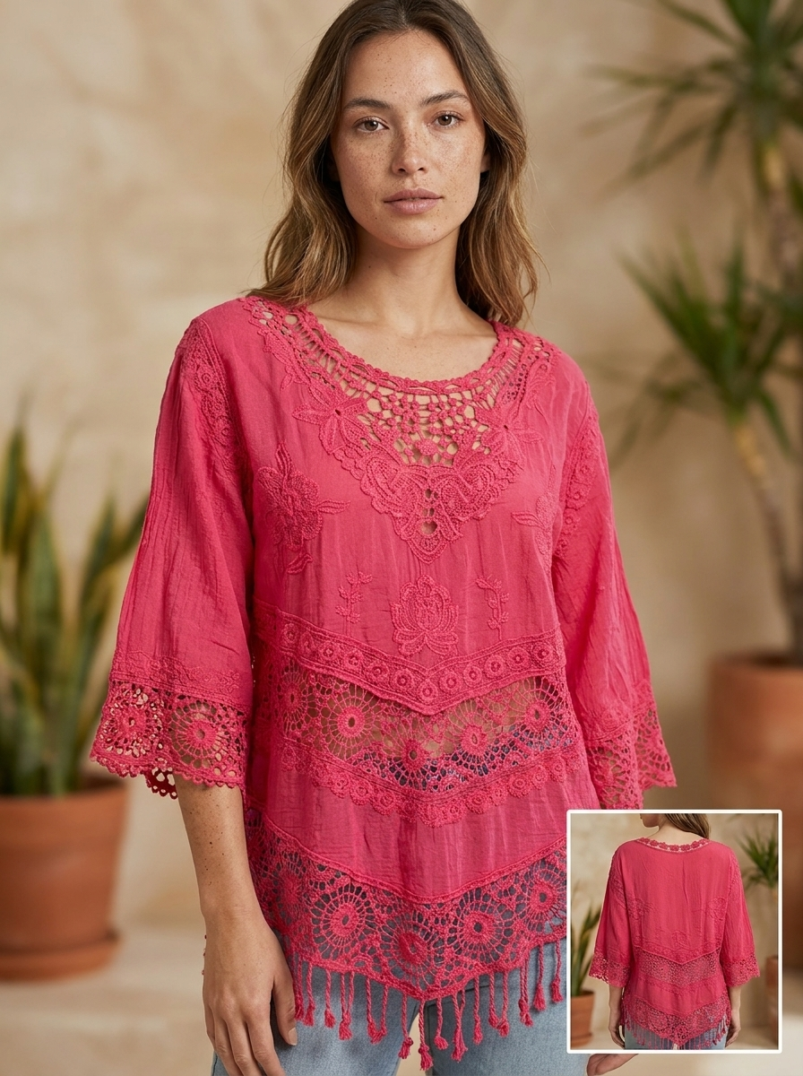 Blusa Femenina de Manga 3/4 con Encaje y Bordado