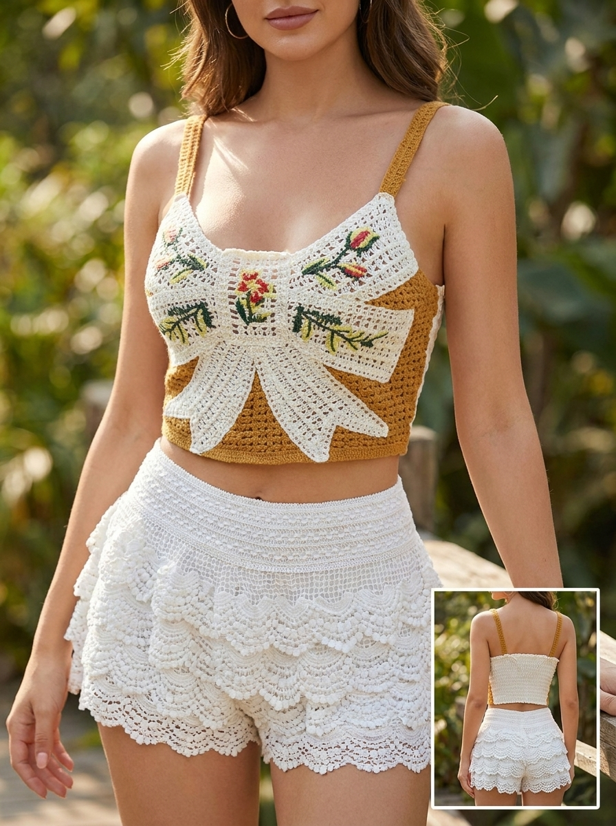 Top Artesanal Bordado Floral y de Moño