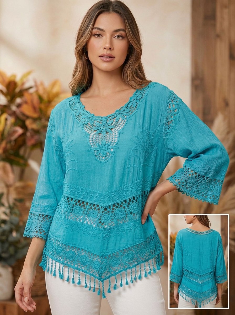 Blusa Casual con Encaje y Bordado Floral