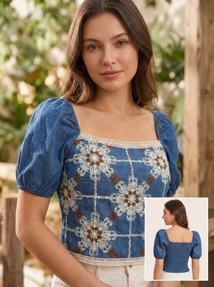 Blusa Azul de Manga Corta Abullonada con Bordado Floral