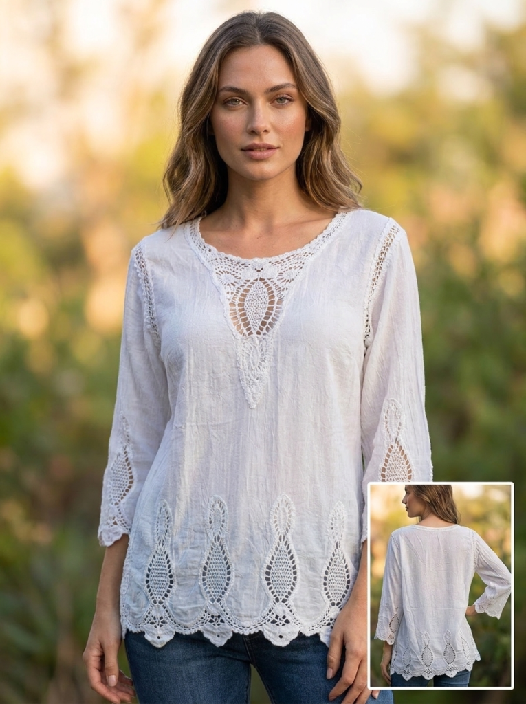 Blusa de Manga 3/4 con Encaje Floral