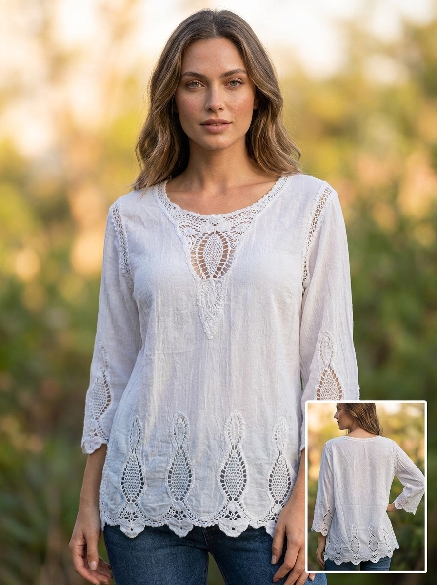 Blusa de Manga 3/4 con Encaje Floral