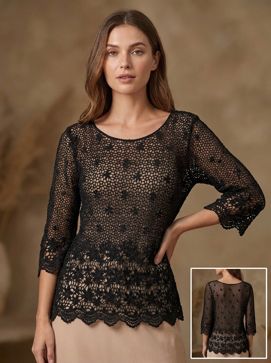 Blusa de Encaje Calado con Manga 3/4