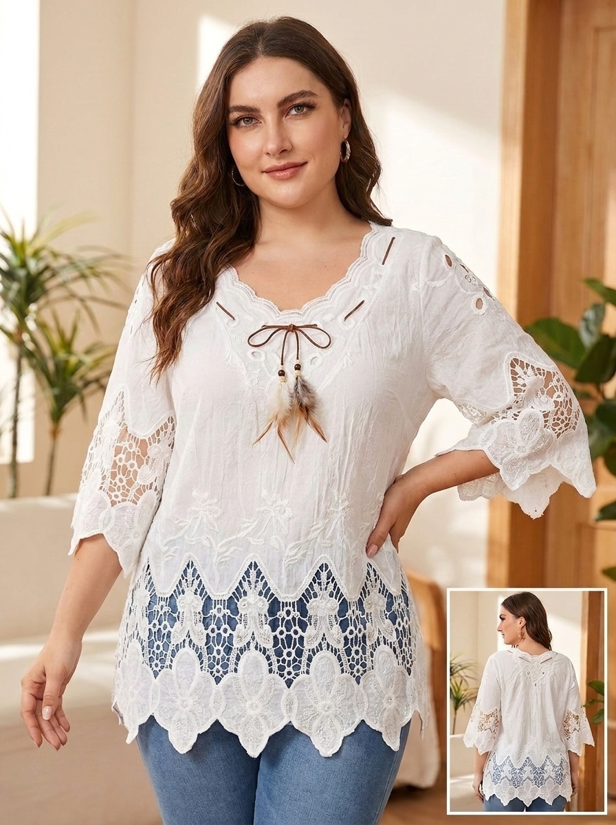 Blusa de Manga 3/4 con Encaje y Detalle de Cordón