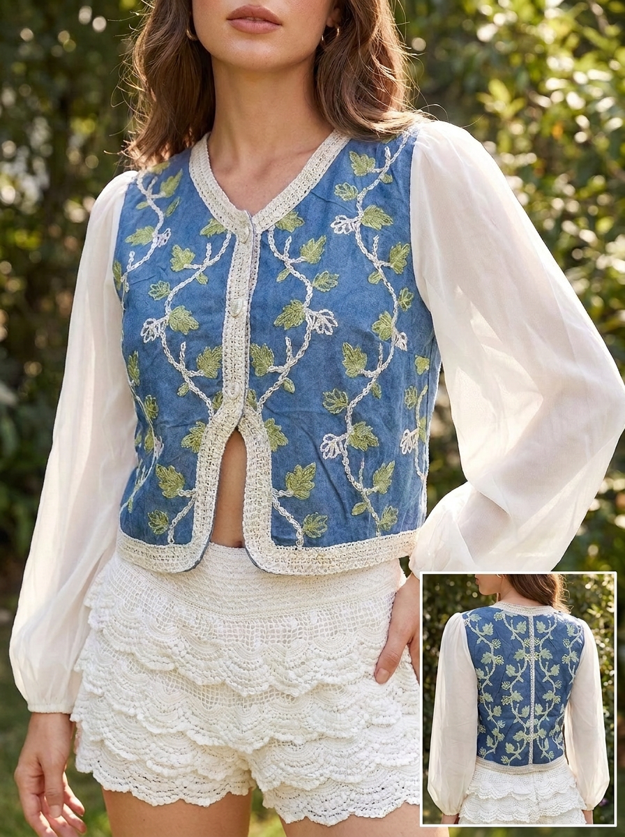 Blusa de Manga Larga con Bordado Floral y Detalles de Encaje