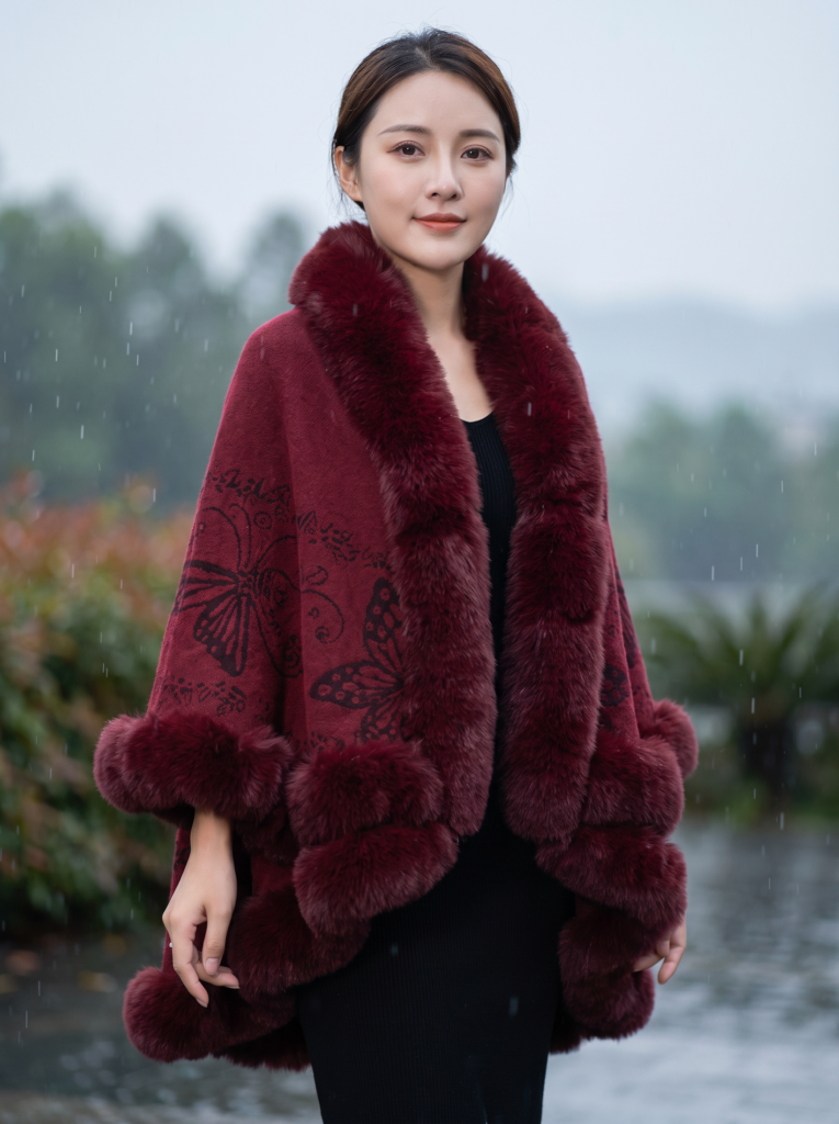 Capa Elegante con Cuello y Detalles de Peluche, Estampado Decorativo