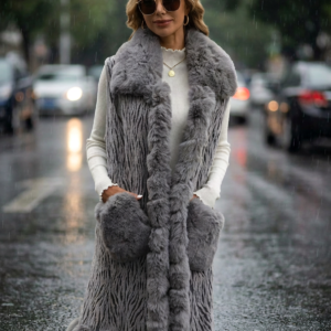 Chaleco Largo de Estilo Elegante con Efecto Piel y Cuello de Peluche
