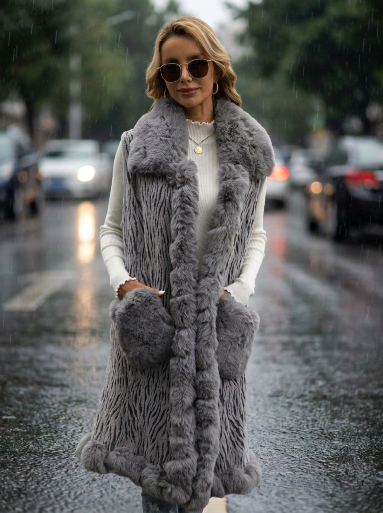 Chaleco Largo de Estilo Elegante con Efecto Piel y Cuello de Peluche