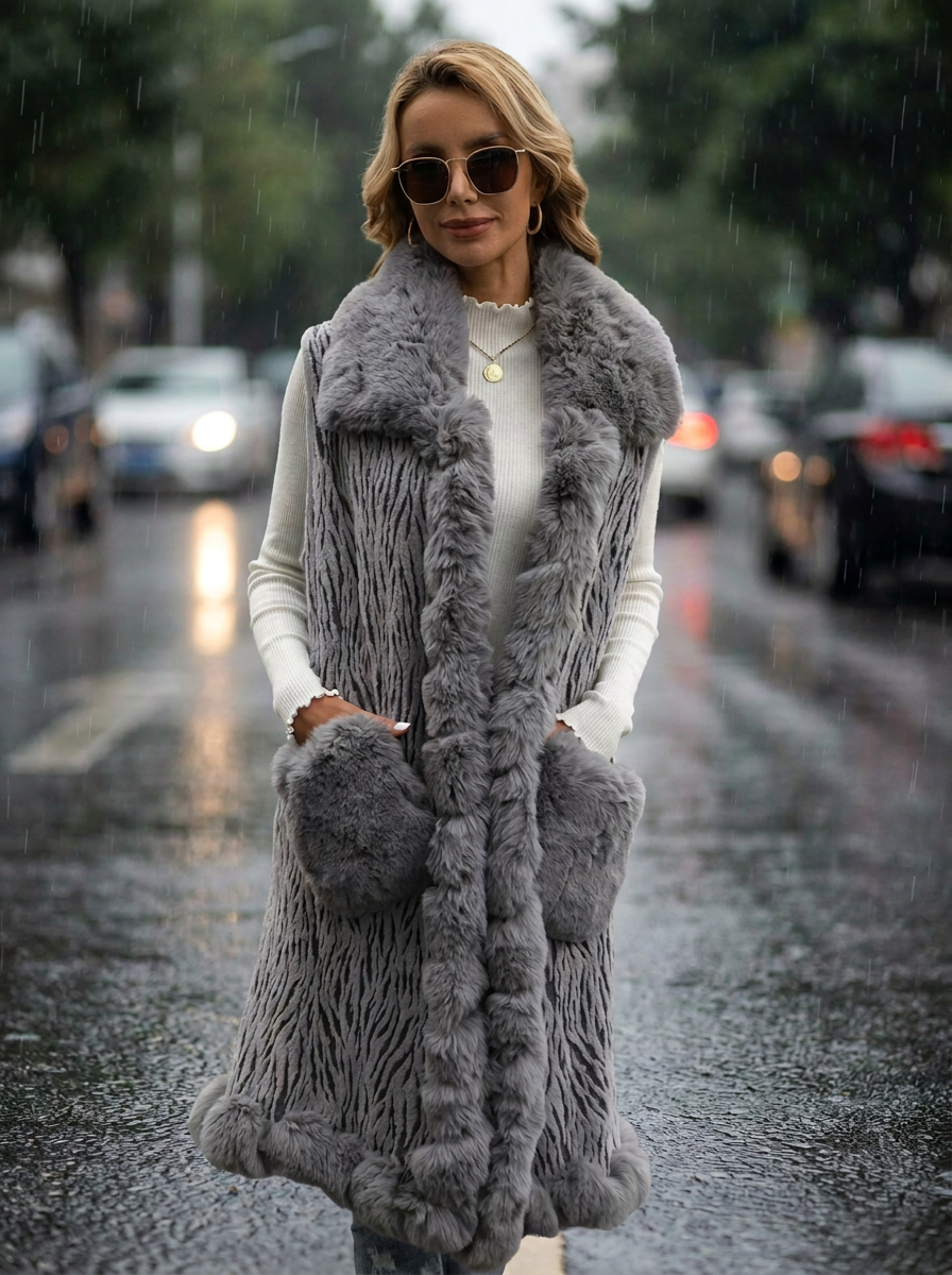 Chaleco Largo de Estilo Elegante con Efecto Piel y Cuello de Peluche